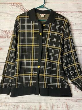 E.B. Black Plaid Cardigan with Gold Metallic Threading Sz-L